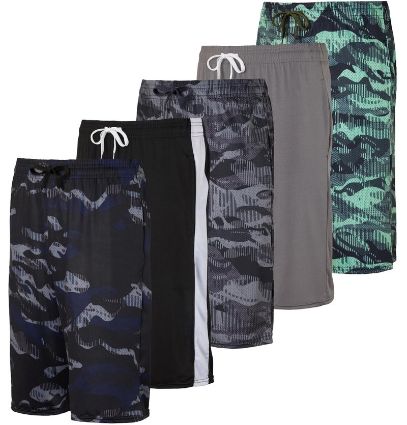 REALESSENTIALS Real Essentials 5-Pack Boys' Dry-Fit Active Athletic Performance Basketball Shorts with Pockets, M (8-10) - Image 1